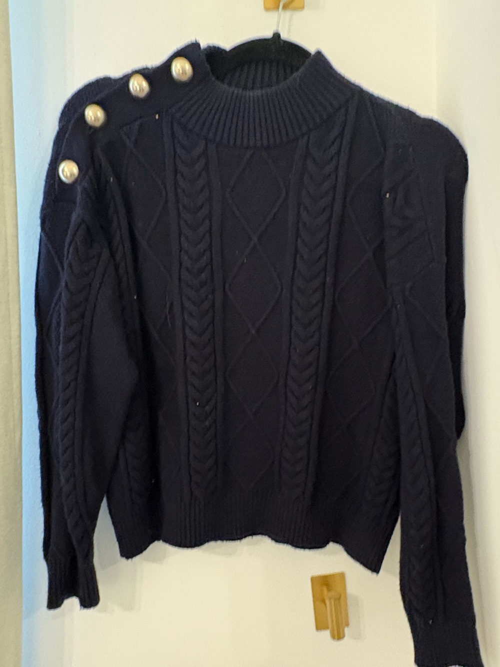 Navy Cable-Knit Turtleneck Sweater with Shoulder Buttons